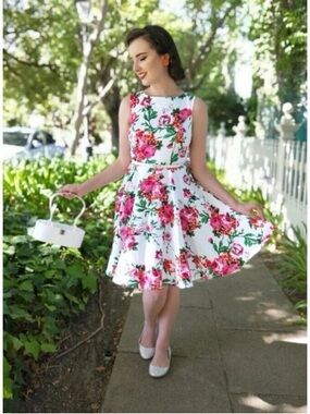 Grace Karin White Midi Dress with Pink Floral Print